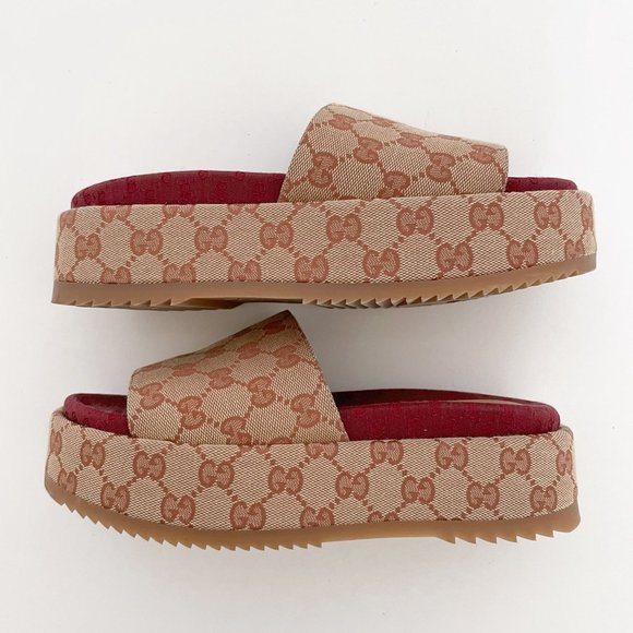 Gucci Angelina GG Platform Slides EU 38 US Women's 8 Tan Sandal Original Logo - Picture 7 of 12